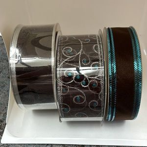 Bundle of 3 Rolls of Wired Ribbon Chocolate Brown/Turquoise/Silver